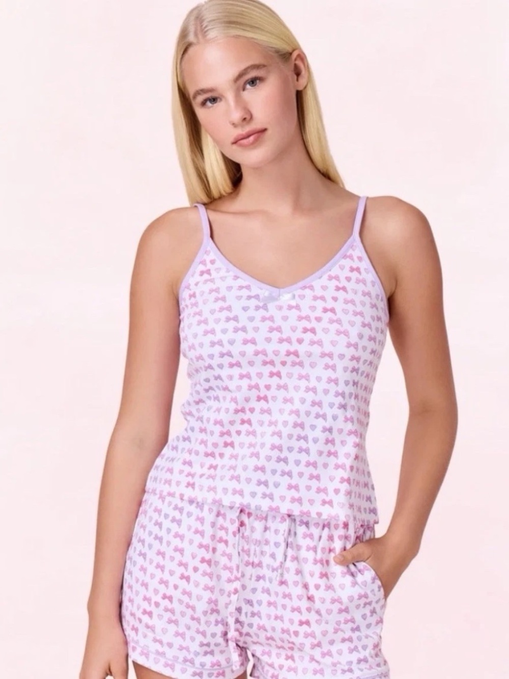 Roller Rabbit X LoveShackFancy Pink Disco Bow Mischa Pajama Set top-L, shorts XL